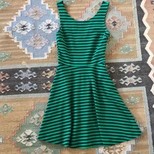 Green and navy striped fit and flare dress